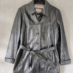 VTG Wilsons Black Leather Long Coat Jacket Womens Large 4 Button Belted Lined